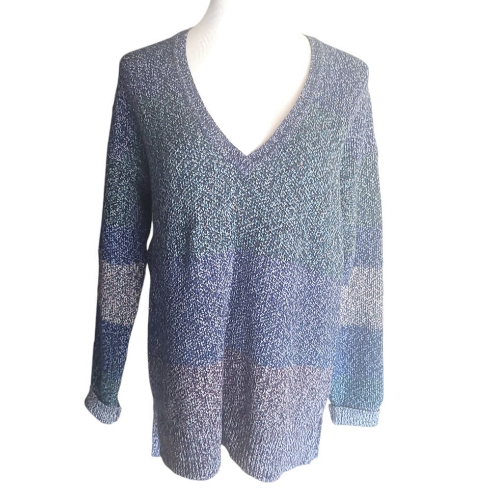 MARGARET OLEARY Blue Color Blocking V Neck Sweater Women's Large